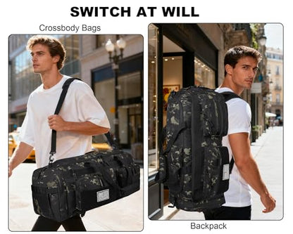 LHI 50L Tactical Duffle Bag for Men, 3-in-1 Gym Duffle and Backpack, Shoe Compartment, Laptop Sleeve and MOLLE, Carry-On Travel Weekender and Overnight Bag – Black CP Camo - color: Black CP Camo