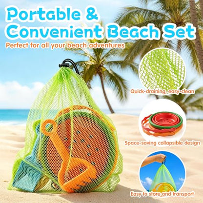 Collapsible Beach Toys for Kids, 2 Packs Foldable Silicone Sand Buckets Set with 4 Packs Sand shovels and Mesh Bag, Travel Beach Essentials for Sandbox, Pool, Camping,Fishing, Summer Party Favors