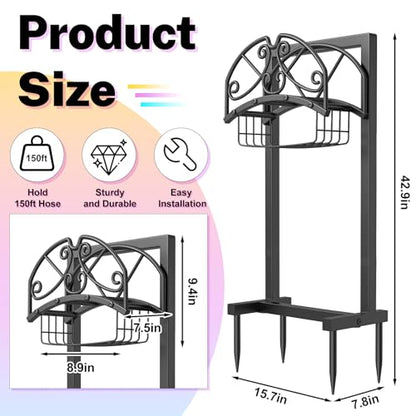 Garden Hose Holder, Metal Water Hose Holder with Storage Basket, Heavy Duty 4 Spikes Hose Hanger Holds 150 Feet Hoses, Freestanding Hose Storage Reel Rack for Outdoor Yard Lawn,Line