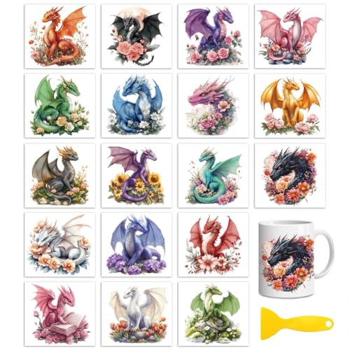 Peacoblue 18 Sheets Rub on Transfers for Crafts, Dragon and Flowers 3.6"x3.9" UV DTF Cup Wraps Waterproof Rub on Cold Transfers Stickers for Wood Glass Metal Cup Tumblers Mirrors Mugs Home Decor - style: Dragon and Flowers