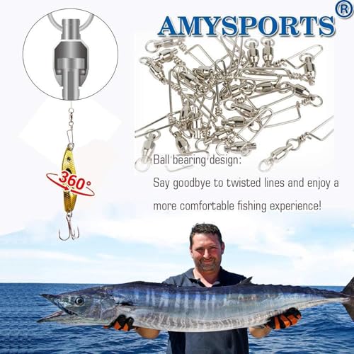AMYSPORTS High Strength Fishing Snap Swivels - Stainless Steel Ball Bearing Swivels - Saltwater & Freshwater Fishing - size: Size 0+0 (19lb) 50 pcs