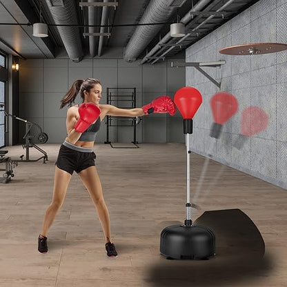 LDALY Punching Bag with Stand for Adults & Teens, Reflex Speed Bag with Gloves & 55”-62.5” Adjustable Height, Freestanding PU Boxing Bag for Home, Gym Workout Training, Stress Relief, Fitness - color: Red