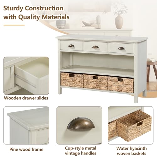 Wood Accent Console Table with Drawer, 3-Tier Entryway Table with Storage Shelves and 3 Water Hyacinth Woven Baskets Sideboard Table Cabinet with Storage - Antique White