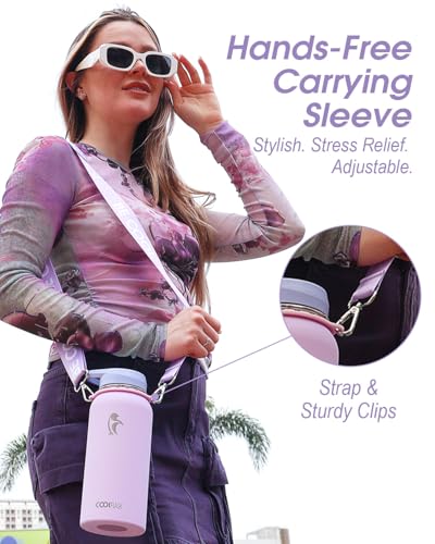 Coolflask 32 oz Water Bottle Insulated Stainless Steel with Strap - color: Lavender, size: 32 Ounces