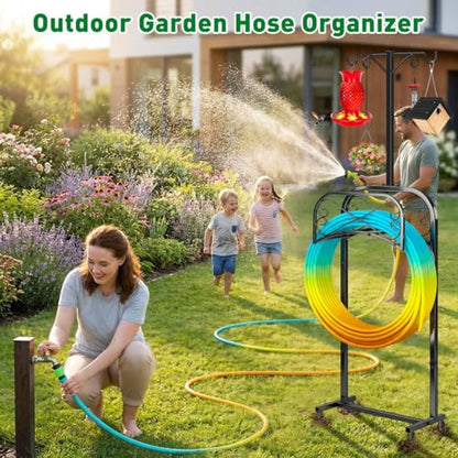 Garden Hose Holder for Outside 70" with 4 Prongs Base & 2 Shepherds Hooks Heavy Duty Freestanding Metal Water Hose Holder Stand Holds Up to 150FT Hose & 44LB Detachable Hose Storage for Yard