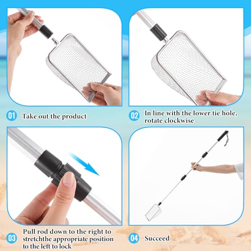 4 Pcs Beach Sand Sifter Set, Adjustable Long Handle Shell Scoop, Shark Tooth Sifter Mesh Shovel for Family Seashell Collecting, Sea Glass Hunting and Beach Treasure Fun - color: Gray, size: 22-42 Inch, style: Square