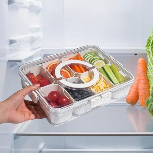 Divided Snack Serving Tray with Lid and Handle Travel Snackle Charcuterie Container Portable Storage Organizer for Candy, Fruits, Nuts, Snacks, Party, Picnic 2 Packs White