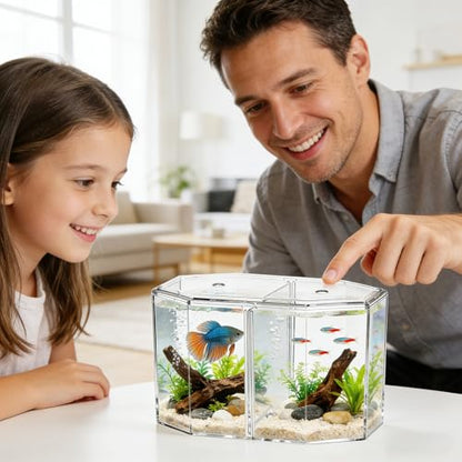 Alipis Octagonal Acrylic Betta Fish Breeding Box with Dual Compartments, High Transparency Isolation Hatchery Tank for Small Tropical Fish, Desktop Aquarium Separation Container