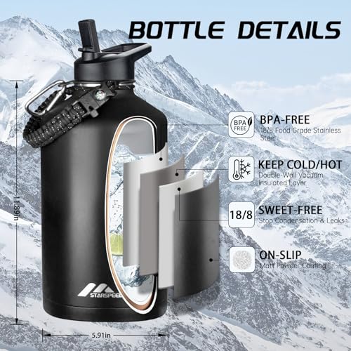 StarSpeed 128oz Insulated Water Bottle with Straws & 2 Lids,Black - color: Black, size: 128 Ounces