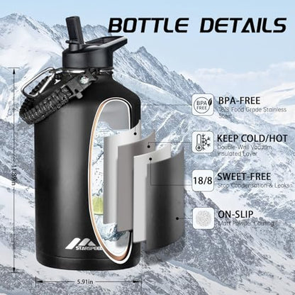 StarSpeed 128oz Insulated Water Bottle with Straws & 2 Lids,Black - color: Black, size: 128 Ounces