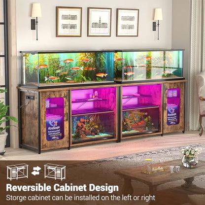 Unikito 55-75 Gallon Aquarium Stand with Power Outlets & LED Light, Reversible Fish Tank Stand with Cabinet for Fish Tank Accessories Storage, Heavy Duty Metal Frame, 880LBS Capacity, Rustic Brown