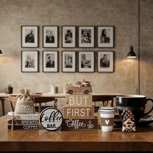 11 Pcs Coffee Bars Table Decorations Coffee Tiered Tray Decor Farmhouse Table Centerpiece Wooden Books Home Tabletop Decor for Home Kitchen - style: Coffee