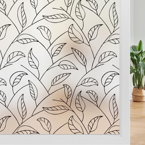 DKTIE Solid Color Leaf Lines Modern Minimalist Style Frosted Window Privacy Film Static Cling Removable Renter Friendly Two-Way Privacy Protection for Bathroom (S166-Black, 17.7'' x 78.7'') - color: S166-black