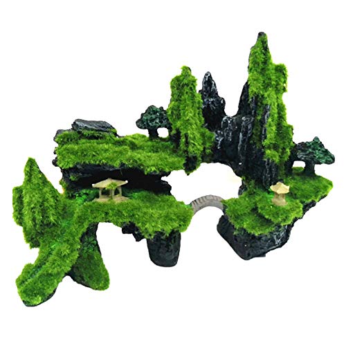 Fish Tank Mountain View Decoration Aquarium Stone Ornament Bridge with Moss Tree House Cave for Small Betta Shrimp Hide