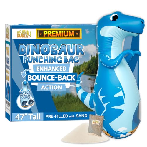 INFLATABLE DUDES Kids Punching Bag- Bop Bag | Sand-Base - color: Blue Raptor | Pre-filled with Sand, size: 47"