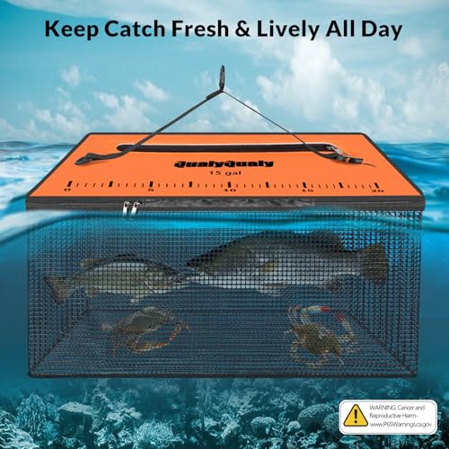 Floating Fish Basket for Live Caught, 10/15 Gallons Foldable Fishing Holder Minnow Bucket Portable Collapsible Fishing Net Storage Cage for Live Fish Bait Live Well