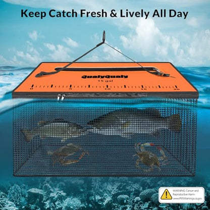 Floating Fish Basket for Live Caught, 10/15 Gallons Foldable Fishing Holder Minnow Bucket Portable Collapsible Fishing Net Storage Cage for Live Fish Bait Live Well