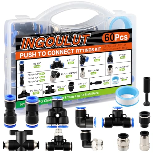 60 PCS Push to Connect Fittings 1/4 Inch Assortment Kit OD 1/4" Tube to 1/4" 1/2" 3/8" 1/8" NPT Thread Air Hose Quick Connect Fitting Air Line Fittings Quick Release Fitting - size: 60pcs kit
