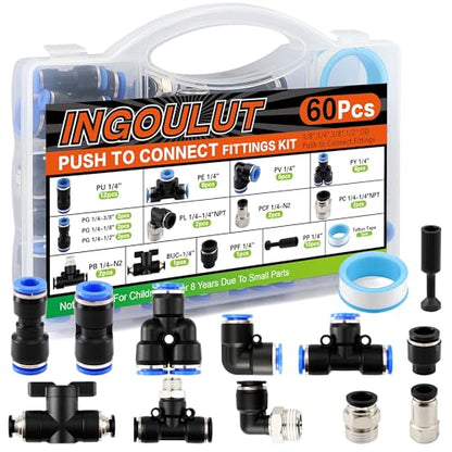 60 PCS Push to Connect Fittings 1/4 Inch Assortment Kit OD 1/4" Tube to 1/4" 1/2" 3/8" 1/8" NPT Thread Air Hose Quick Connect Fitting Air Line Fittings Quick Release Fitting - size: 60pcs kit