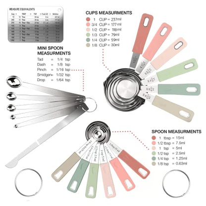 22-Piece Stainless Steel Measuring Cups and Spoons Set, Tad Dash Pinch Smidgen Drop Mini Measuring Spoons, Measuring Stick Leveler, Measurement Conversion Chart Fridge Magnet, (Country Chic) - color: Country Chic