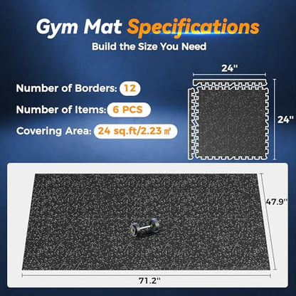 SUPERJARE 1" Extra-Thick Rubber Top Exercise Mat, Gym Flooring for Home Gym | Puzzle Gym Mat for Workout Equipment, Interlocking Floor Tiles with EVA Foam, 6 Pcs 24 Sq Ft, Black/Grey - size: 6 Tiles (24 Sq Ft)