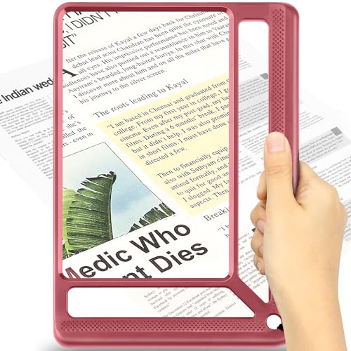 AKKYCVS 5X Full Page Magnifying Glass for Reading, Lightweight Rectangular Magnifier Provides Large Book Page Viewing Area, Handheld Magnifier for Reading Small Prints for Seniors, Low Vision-Red - color: Red