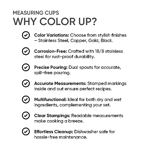 2 Cup Measuring Cup (480ml, 16oz) – Gold Stainless Steel Measure Scoop with Easy-Pour Spouts, Flat Base, by Color Up - size: 2 Cup (480 ml) Gold