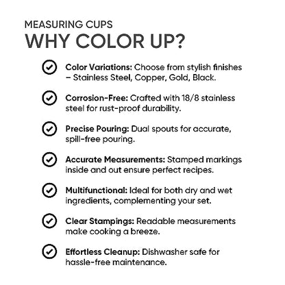 2 Cup Measuring Cup (480ml, 16oz) – Gold Stainless Steel Measure Scoop with Easy-Pour Spouts, Flat Base, by Color Up - size: 2 Cup (480 ml) Gold