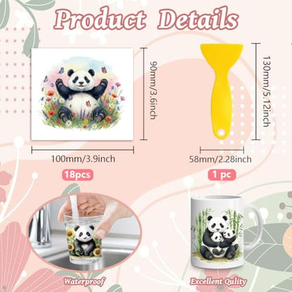 Peacoblue 18 Sheets Rub on Transfers for Crafts, Panda 3.6"x3.9" UV DTF Cup Wraps Waterproof Rub on Cold Transfers Stickers for Wood Glass Metal Cup Tumblers Mirrors Mugs Home Decor - style: Panda