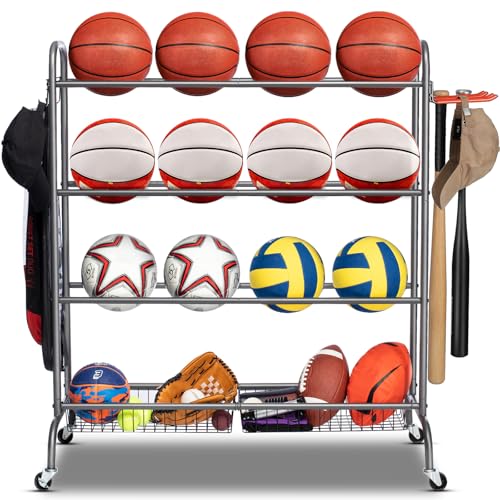 EXTCCT Basketball Rack with Wheels, 4 Tier Garage Ball Storage Organizer | Heavy duty rolling balls cart with two basket storage, ball holder, Sports equipment organized for outdoor, indoor, Grey - color: Standard Grey