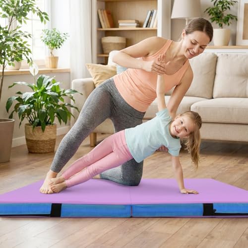 Goplus 4" Thick Folding Gymnastic Mat, Thickened Bi-Fold Fitness Mat with Carrying Handles & PU Leather Cover, Home Gym Tumbling Mat for Stretching, Pilates, Aerobics Workouts - color: Purple&Blue