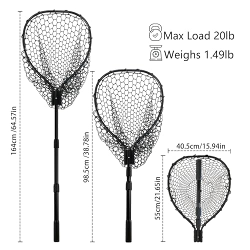 Telescoping Rubber Fishing Net with Handle 64"/46“ Long Silicone Large Fish Landing Net Kayak/Fishpond/Saltwater Extendable Fishing Gear Accessories - color: Black:Upgraded Metal Lock|length:63.8"
