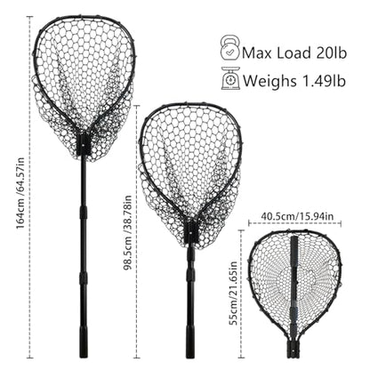 Telescoping Rubber Fishing Net with Handle 64"/46“ Long Silicone Large Fish Landing Net Kayak/Fishpond/Saltwater Extendable Fishing Gear Accessories - color: Black:Upgraded Metal Lock|length:63.8"