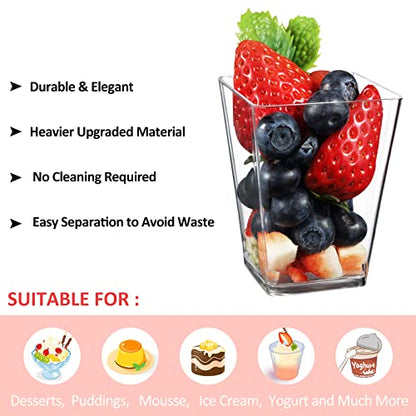 Eupako 125 Pack 5 OZ Plastic Mini Dessert Cups with Spoons - Clear Small Parfait Cups, Square Appetizer Cups for Fruit, Pudding, Mousse, Ice Cream, Party, Wedding, Valentine's Day - color: 125 Cups+125 Spoons