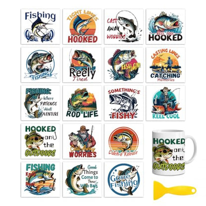 Peacoblue 18 Sheets Rub on Transfers for Crafts, Fishing 3.6"x3.9" UV DTF Cup Wraps Waterproof Rub on Cold Transfers Stickers for Wood Glass Metal Cup Tumblers Mirrors Mugs Home Decor - style: Fishing