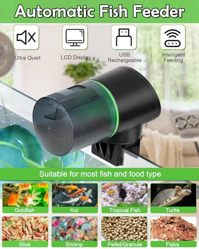 Automatic Fish Feeder - Rechargeable Timer Fish Feeder with USB Charger Cable, Fish Food Dispenser for Aquarium or Fish Tank - color: Black