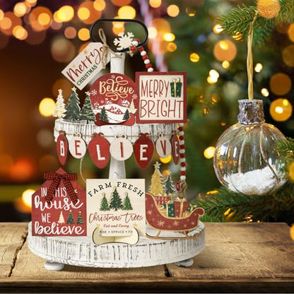 Smile 15 Pcs Christmas Indoor Decor, Wooden Tiered Tray Decor Set Centerpiece, Christmas Tree Tabletop Decoration for Xmas Home - style: Christmas Retro