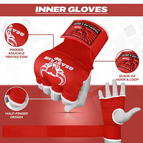BEAST RAGE Inner Gloves with Hand Wraps Quick Wrap Long 36" Wrist Support MMA Muay Thai Bandages Punching Martial Arts Training Men Women Kickboxing Bandages Under Bag Gloves - color: Red Rage, size: S (Adult)