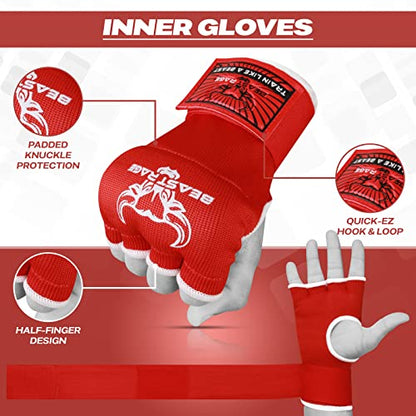 BEAST RAGE Inner Gloves with Hand Wraps Quick Wrap Long 36" Wrist Support MMA Muay Thai Bandages Punching Martial Arts Training Men Women Kickboxing Bandages Under Bag Gloves - color: Red Rage, size: S (Adult)