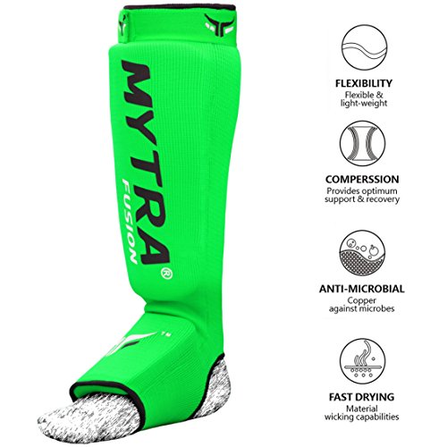 Mytra Fusion Shin Pads Instep Protector Kick Boxing Muay Thai Training Elasticated shin Guards - color: Green, size: Small-Medium
