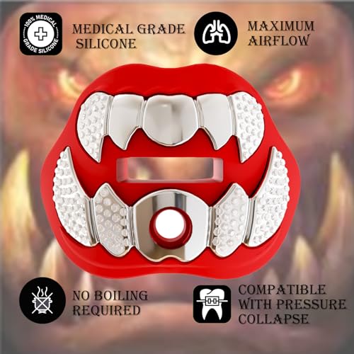 LeCool Football Mouth Guard with Connected Strap- 3D Beast Chrome Adult and Youth Mouth Guard-Mouth Piece for Sports for Maximum Air Flow and Teeth Protection - color: Red-silver