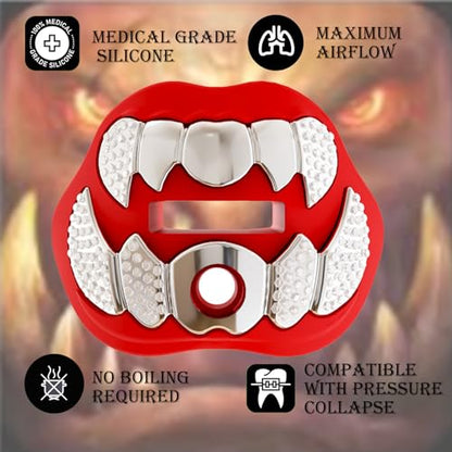 LeCool Football Mouth Guard with Connected Strap- 3D Beast Chrome Adult and Youth Mouth Guard-Mouth Piece for Sports for Maximum Air Flow and Teeth Protection - color: Red-silver