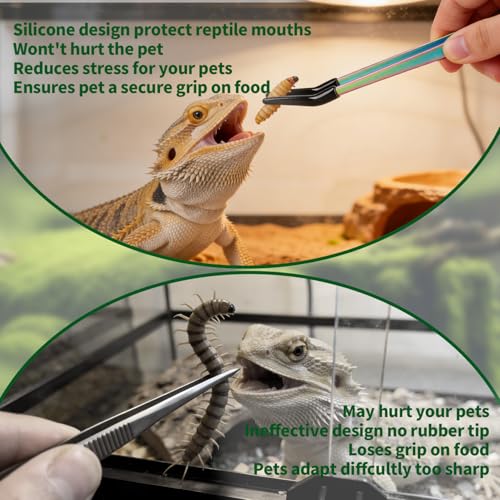 2 Pack Stainless Steel Reptile Feeding Tongs with Rubber Tip, 10.6" Straight & Curved Tweezers, for Aquarium or Craft, Planted Tank, Terrarium Tank, Feeder for Beard Dragons, Lizard and Snakes