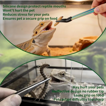 2 Pack Stainless Steel Reptile Feeding Tongs with Rubber Tip, 10.6" Straight & Curved Tweezers, for Aquarium or Craft, Planted Tank, Terrarium Tank, Feeder for Beard Dragons, Lizard and Snakes