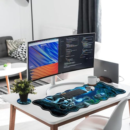 Large Gaming Mouse Pad, Keyboard Wrist Rest Pad & Wrist Support Mousepad Set, Stitched Edge, Extended, Non-Slip Base, Memory Foam Desk Mat for Office, Home,Cute Raccoon - color: Cute Raccoon