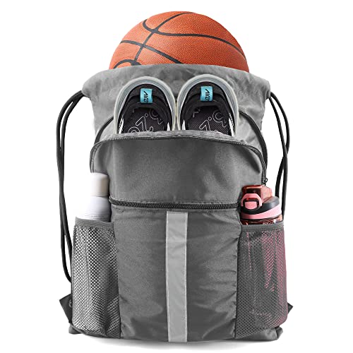 BeeGreen Drawstring Backpack Bag with Shoe Compartment, X-Large Black Gym Sports String Cinch Backpack - color: Grey