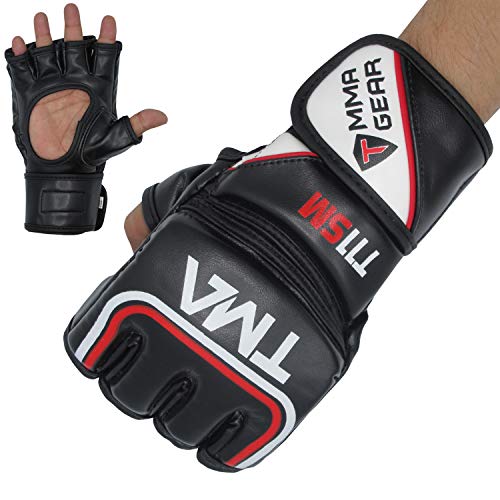 TMA MMA Gloves for Grappling Martial Arts Training, Maya Hide Leather Sparring Mitts, Perfect for Cage Fighting, Punching Bag, Muay Thai & Kickboxing - color: Black, size: Small-Medium