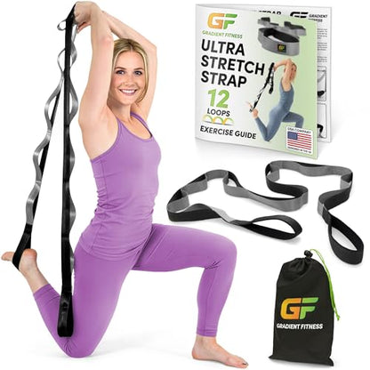 Stretching Strap for Physical Therapy, 12 Multi-Loop Stretch Strap 1.5" W x 8' L, Neoprene Handles, Physical Therapy Equipment, Yoga Straps for Stretching, Leg Stretcher. - color: Black/Grey