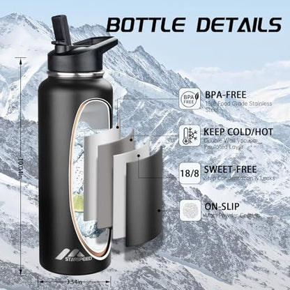 StarSpeed 40oz Insulated Water Bottle with Straws & 2 Lids,Black - color: Black, size: 40 Ounces
