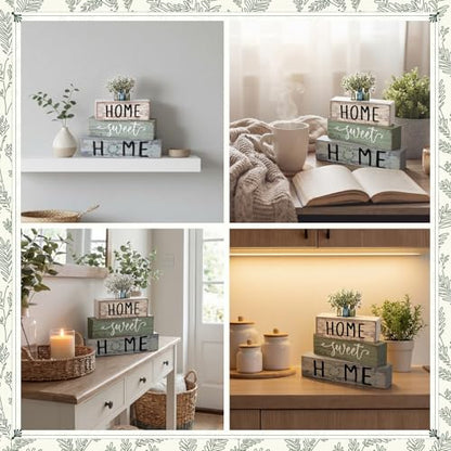 4 Pcs Spring Eucalyptus Mason Jar Wooden Block Decor Farmhouse Tiered Tray Signs Home Sweet Home Tabletop Centerpiece for Kitchen Shelf Decoration Housewarming Gifts